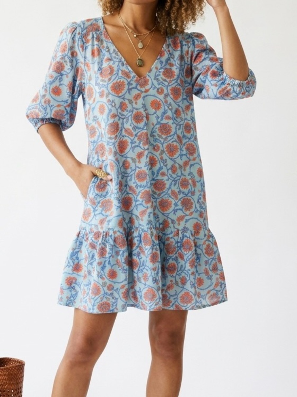 Sundry x Evereve Floral V-Neck Tiered Cotton Puff Sleeve Mini Dress Pockets Sz 0